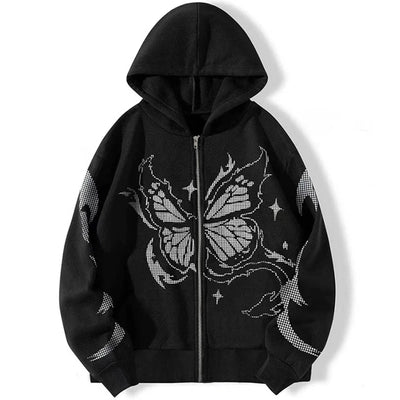 Gothic Y2k Women Black Zip Up Harajuku Hoodie with Butterfly Print