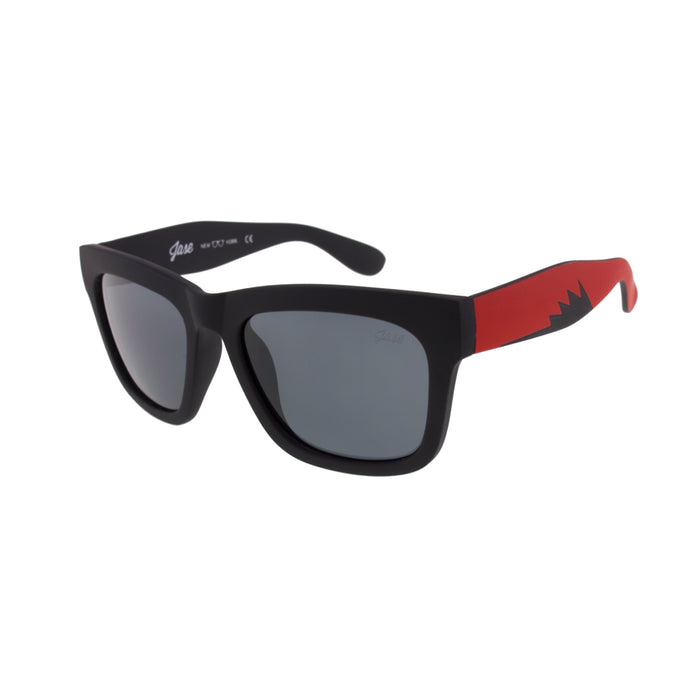 Retro sunglasses with clear lenses and a vibrant red fire frame