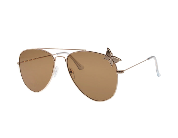 A pair of sleek, brown aviator sunglasses with brown lenses