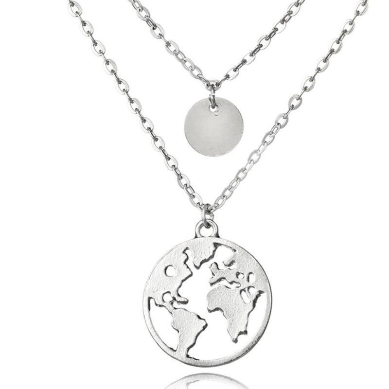 Shiny silver world map pendant necklace with intricate details